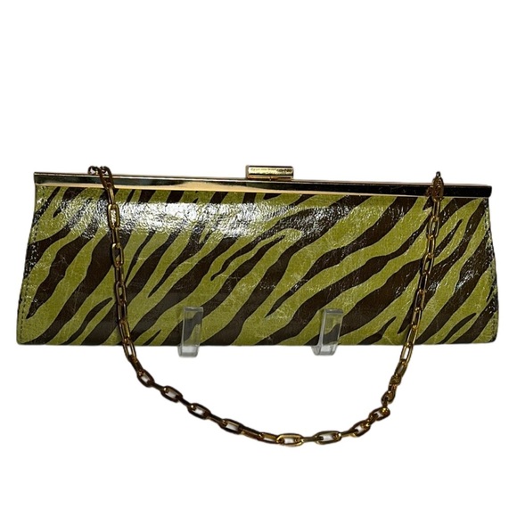 VINTAGE green tiger stripe clutch handbag hand painted canvas with gold chain - Picture 3 of 12